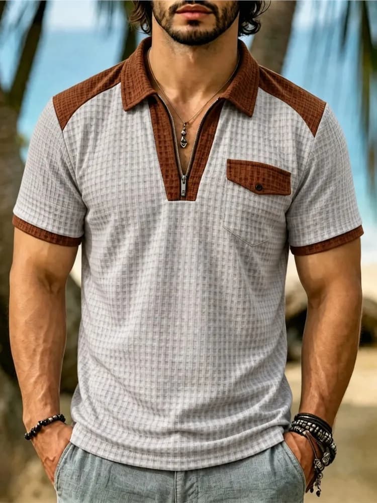 2026 New Men's Short Sleeve T Shirt Grid lapel Polo Shirt with Pockets Breathable Loose Basic Shirts for Men All-Match Polo Tops