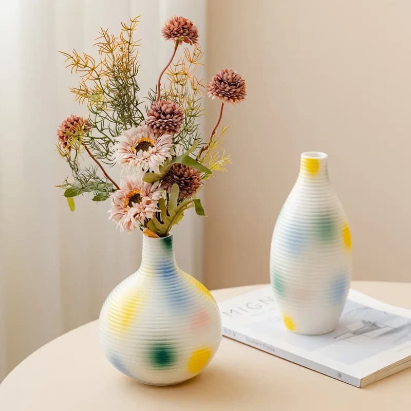 Modern Abstract Ceramic Vase Hand Painted Artistic Home Decor Ribbed Texture Colorful Spot Porcelain Pot for Living Room Table