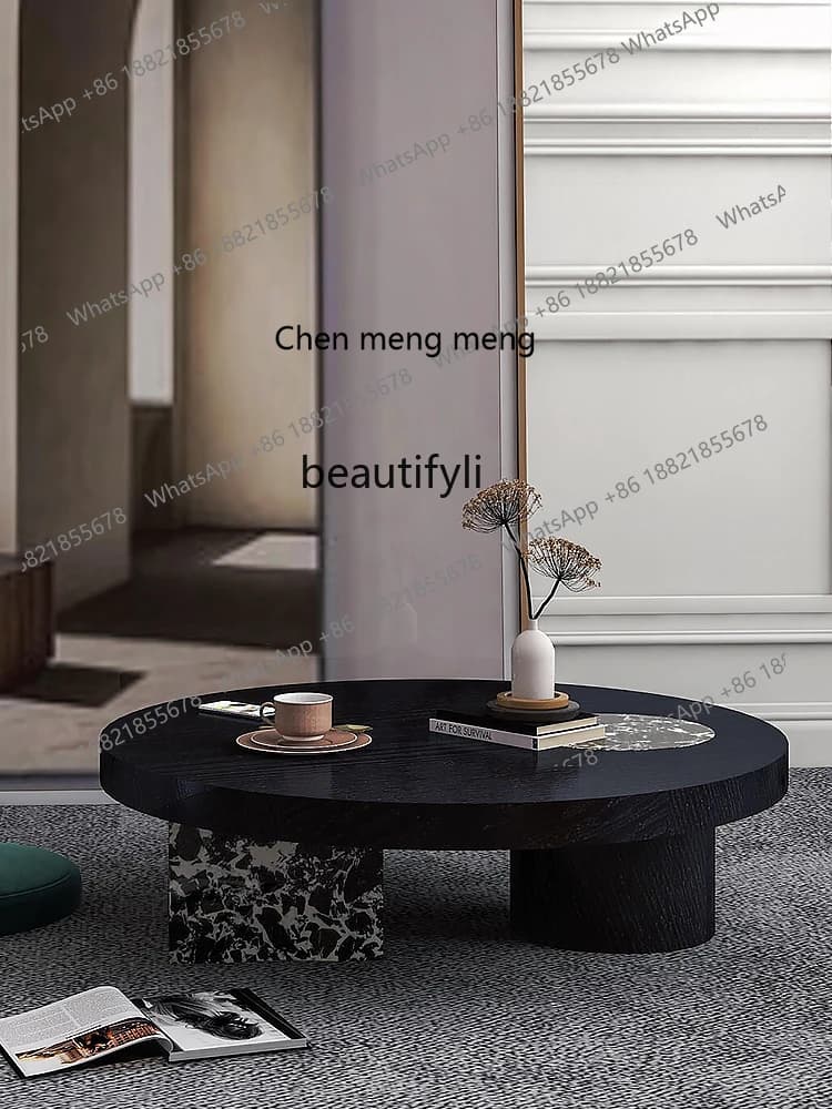 French Minimalist Natural Black Marble Coffee Table Small Round Table Solid Wood Thickened Round Villa
