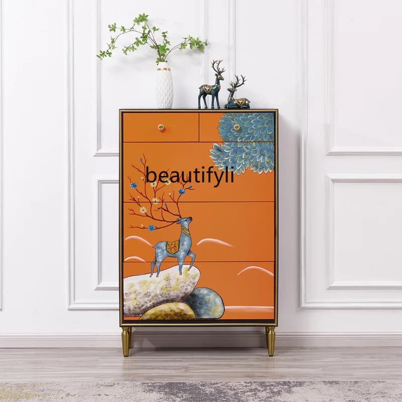 Light luxury painted tipping bucket shoe cabinet, simple modern ultra-thin household door entrance cabinet