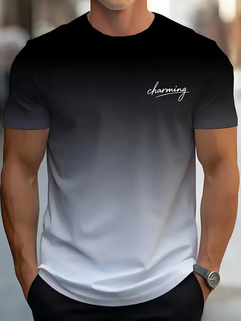 Simple Letter Printed Men's Gradient Short Sleeved T-Shirt Top Fashiona Casual Round Neck Sports And Fitness Daily Men Clothing