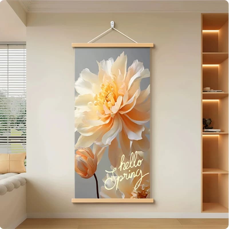 Wall Art Golden Flower Bouquet and Brown Leaves Cream Style Pearlescent Canvas Hanging Scroll with Wooden Rods for Dining Room