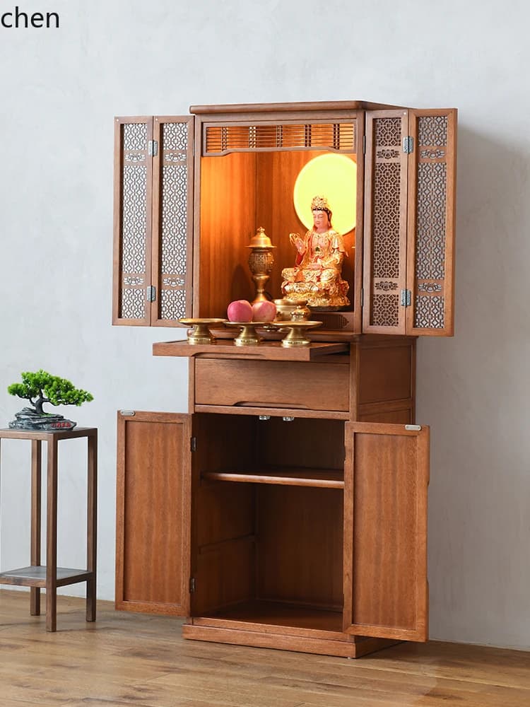 F1 Solid Wood Shrine Home Guanyin Buddha Cabinet Standing Living Room God Of Wealth Worship Table Altar Incense Offering Table