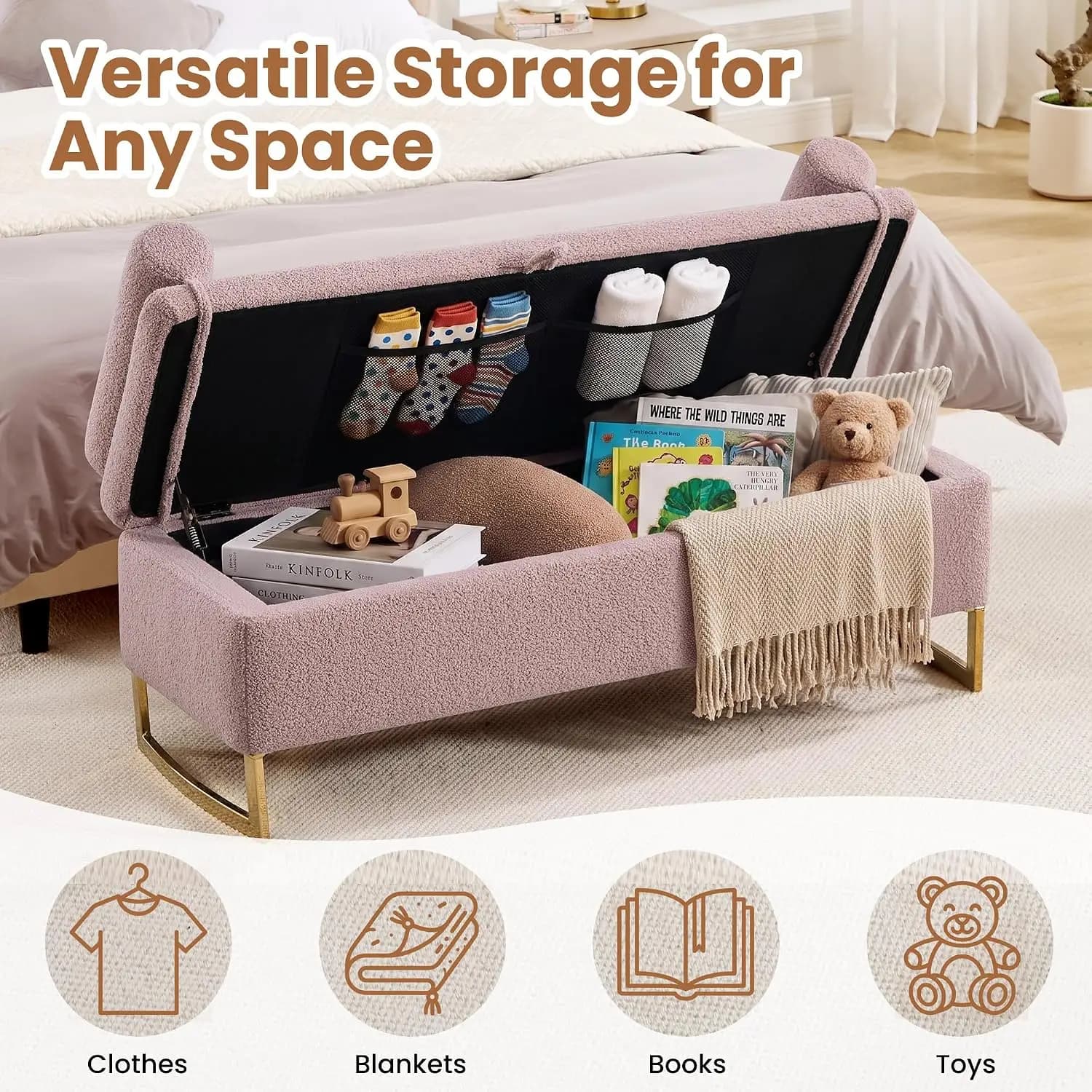 52" Storage Bench for Bedroom Upholstered End of Bed Bench Gold Leg Pink