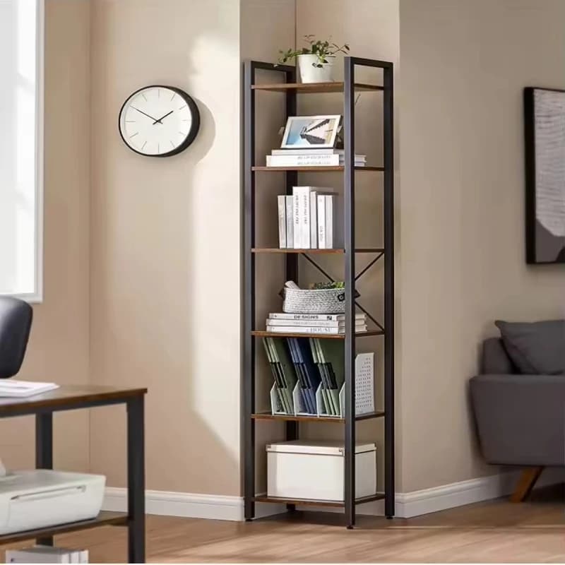 6-Layer independent wood-metal display stand, narrow design, suitable for living room, bedroom, book storage