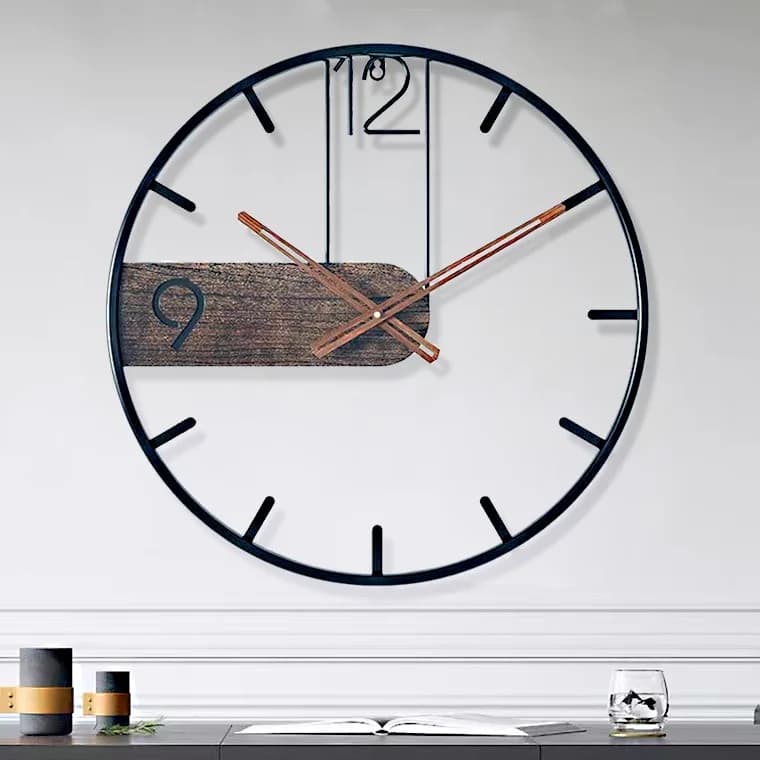 Scandinavian Style Metal Wall Clock, Faux Walnut Wood Grain Iron Clock, Simple Large Modern Hanging Clock for Home Decoration