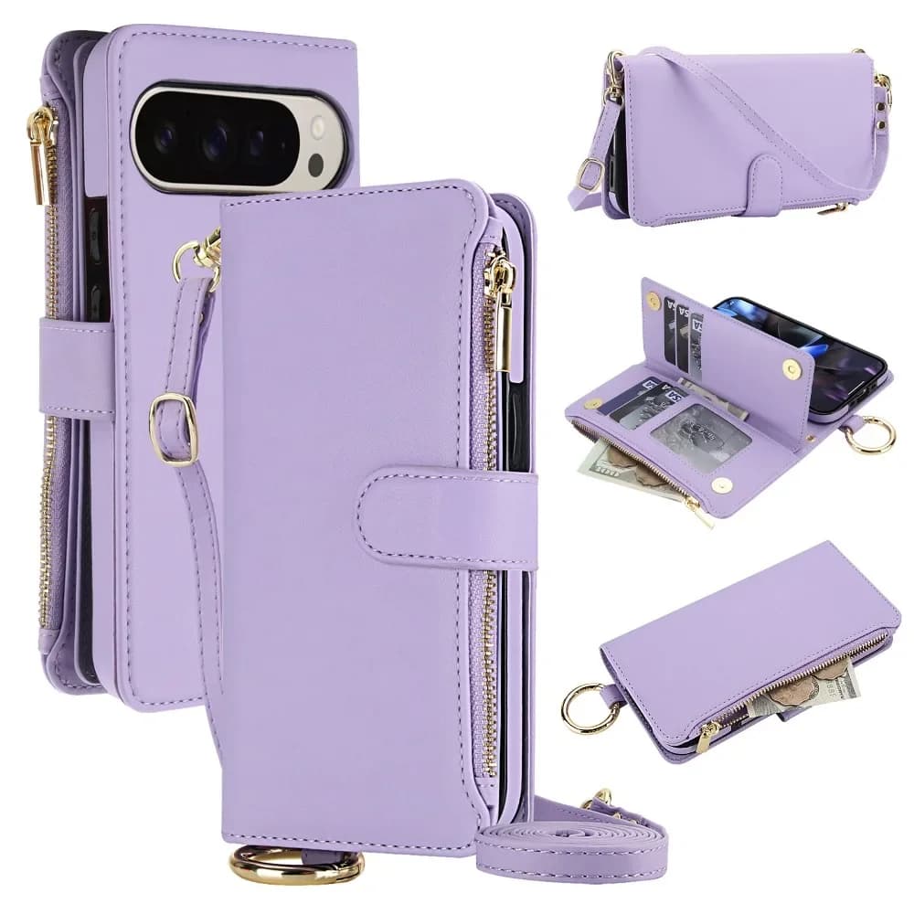Magnetic Flip Built-in Wallet Card Slots Phone Cover for Google Pixel 9 10 Pro XL with Shoulder Strap