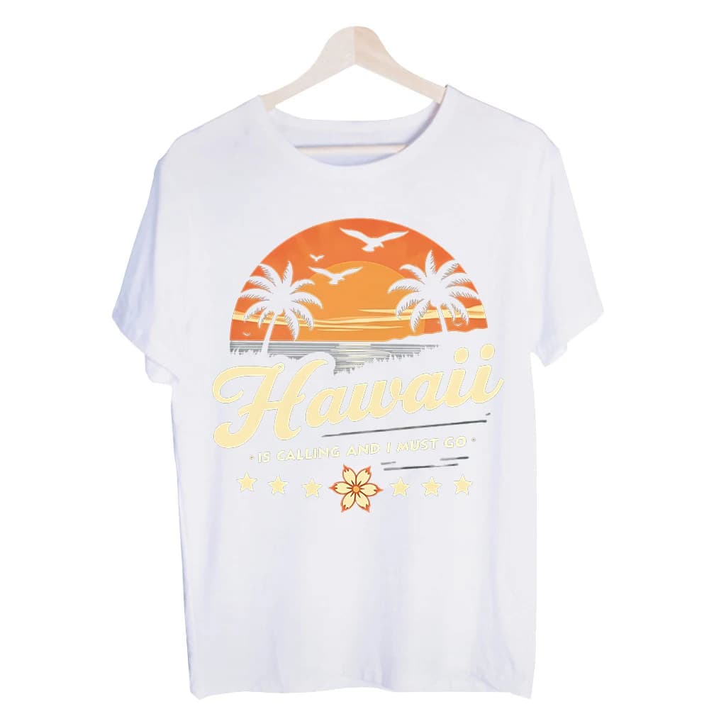 Men's Hawaii Sunset Palm Tree Graphic Tee, Vintage Style Crew Neck T-Shirt for Vacation and Summer Outfits