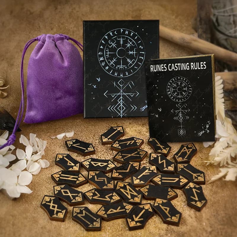 Wooden Rune Stone Set 25pcs Viking Norse Divination Kit with Guide Book Velvet Bag Spiritual Runes Beginners Meditation Ritual