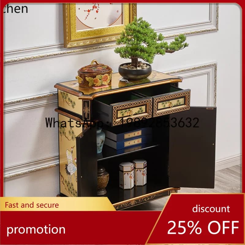 YFY  Piano Lacquer Solid Wood Entryway Cabinet Gold Leaf Songhe Yannian Ming Qing Classical Painted Furniture Decorative Cabinet