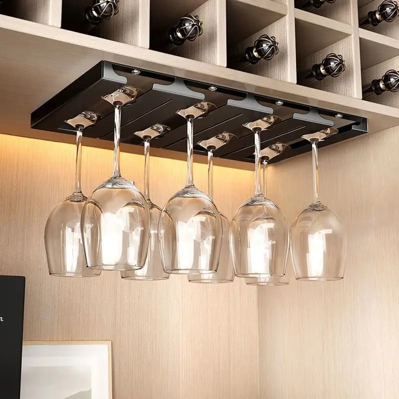 Stainless Steel Under Cabinet Wine Glass Cup Holder Space-Saving Bar Counter Shelf Storage Rack Hanging Hooks Goblet Pokal Stand