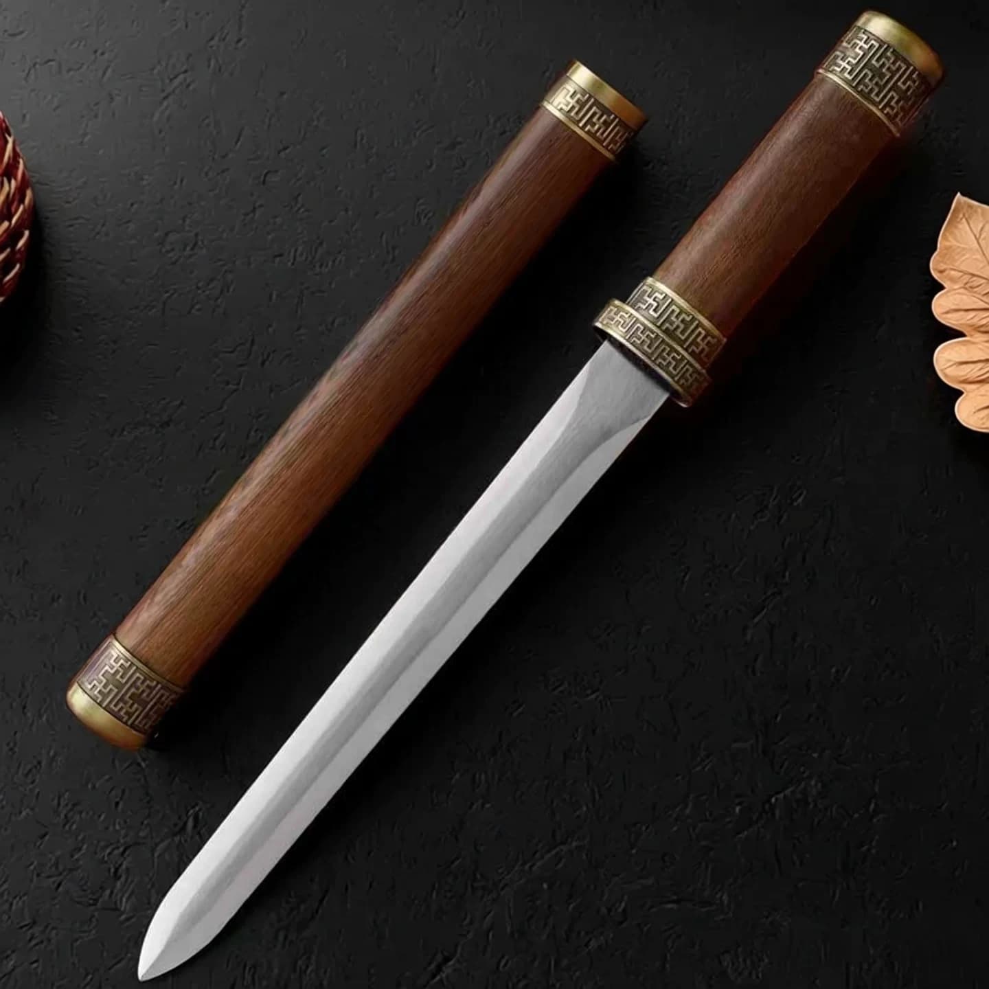 Handmade Chinese Mini Short Han Sword Zongsheng Decorative Sword Wooden Scabbard Antique Brass Hardware Desktop Display Craft