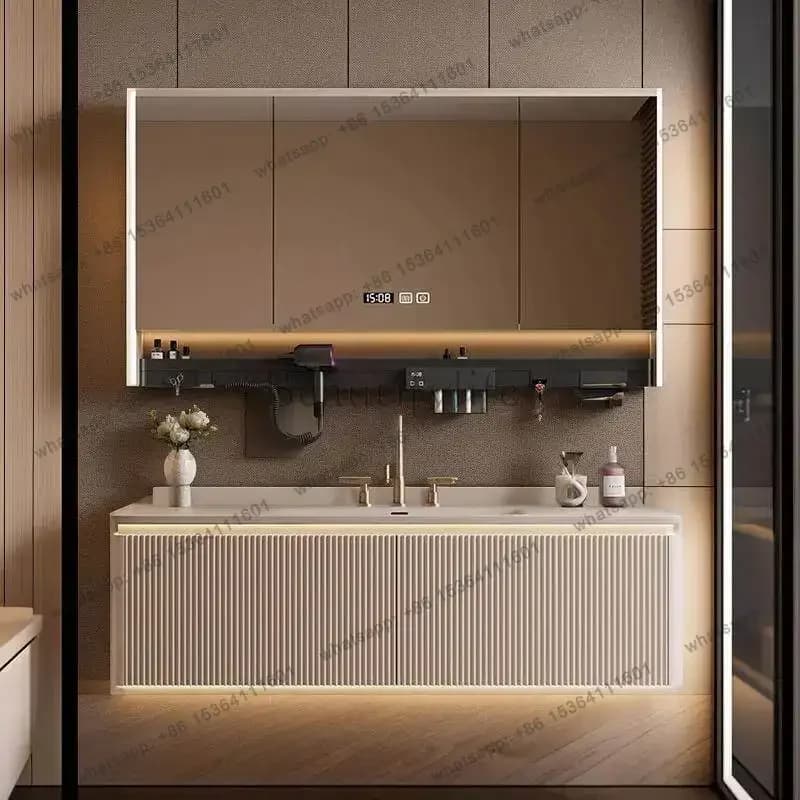 Combined Bathroom Mirror, Cream Wind Rock Slab Washstand Modern luxury Oak Washbasin Basin Cabinet
