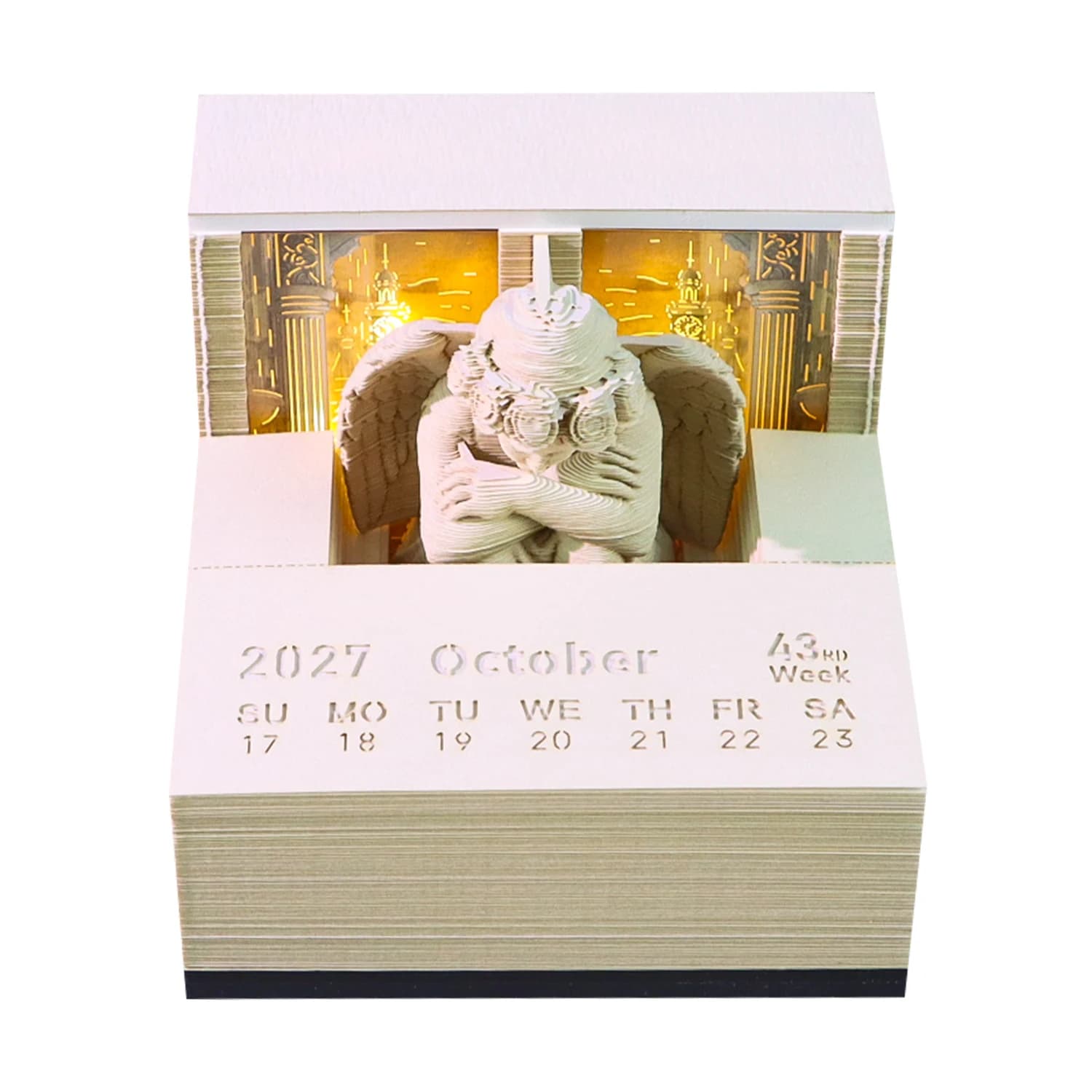3D Angel Memo Pad with Light and Calendar Creative Paper Sculpture Sticky Notes Tearable Art Desk Decor Gift for Birthday Office