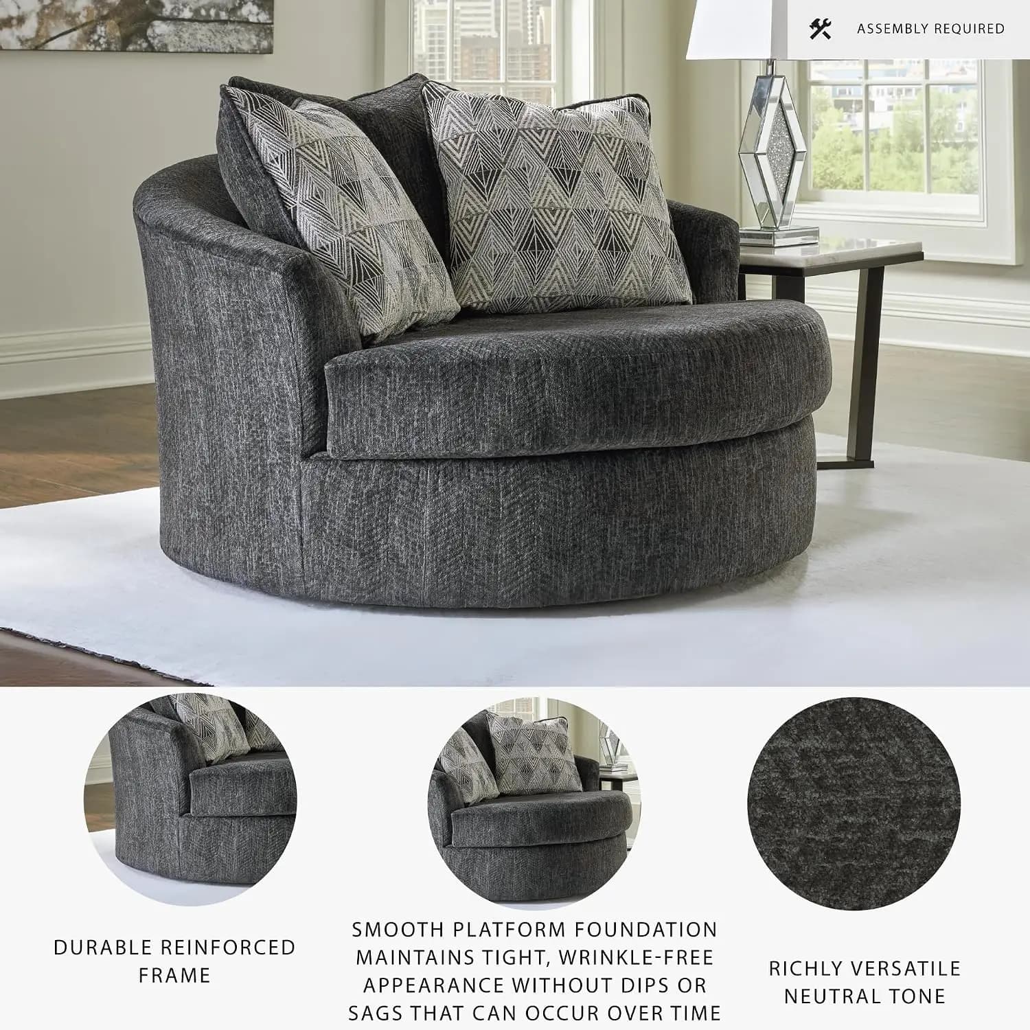 Biddeford Transitional Upholstered Oversized Swivel Accent Chair with 3 Accent Pillows, Charcoal
