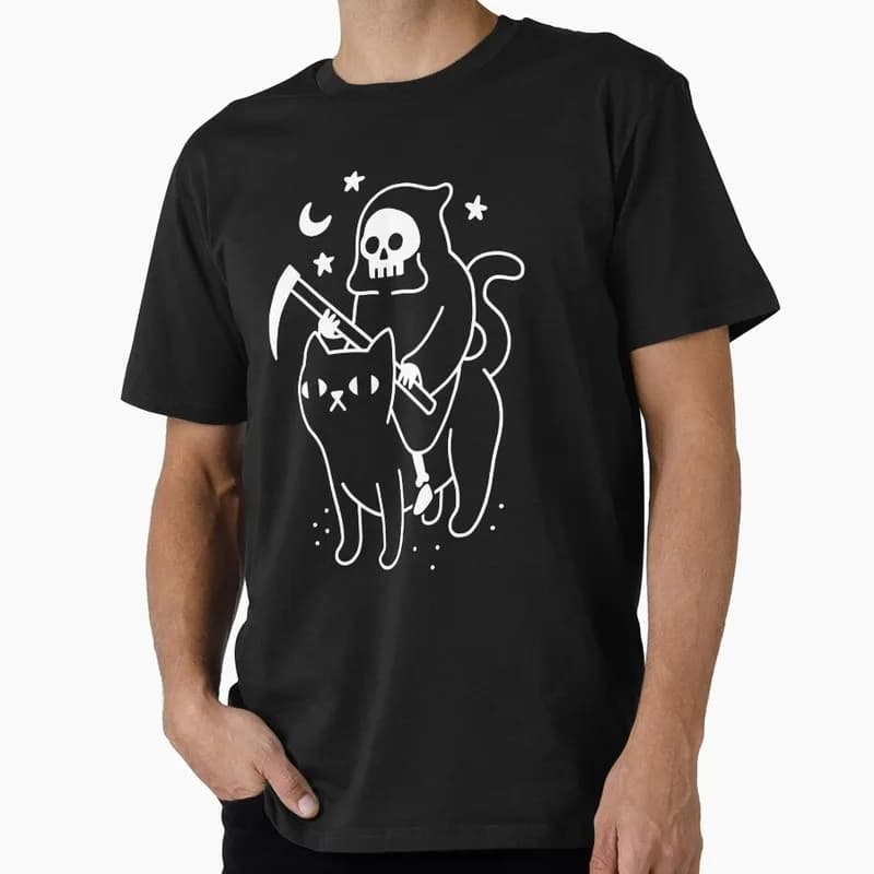 Death Rides A Black Cat Halloween Gift T Shirt Funny Spooky Cat Lover Tee Unisex Trick or Treat Costume Party Short Sleeve Tops