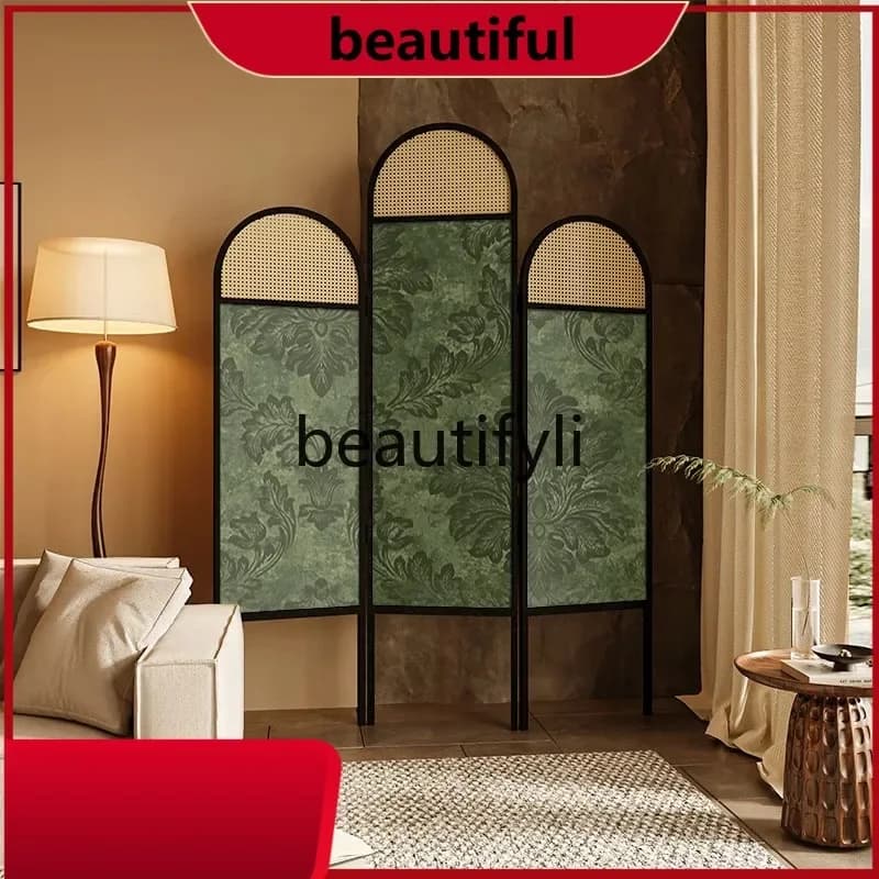 French medieval green leaf screen home partition living room porch cover dining room bedroom solid wood rattan folding screen H
