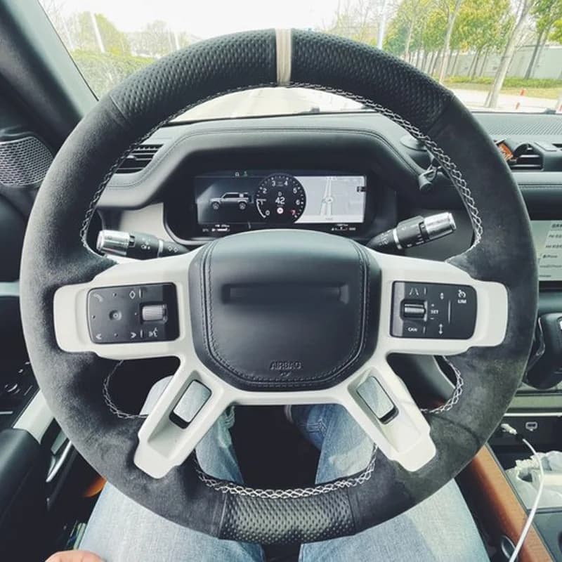 Black Leather Hand Sewing Car Steering Wheel Cover Suede Wraps Car Accessories For Land Rover Discovery 5 Defender 20-23
