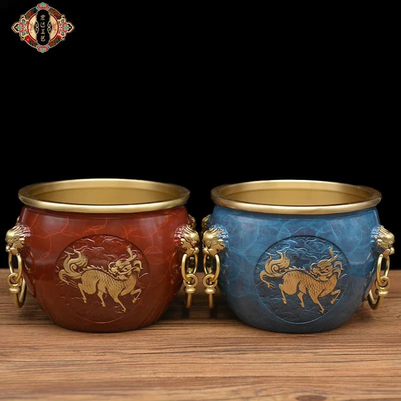 Brass-baked, double-ring tiger-head urn Qilin bronze vat Home copper vase ornaments