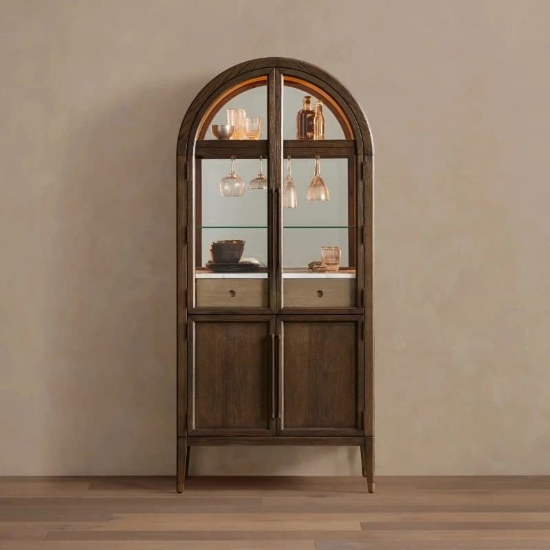 Curved vaulted oak bar cabinet, LED light with mirror lighting, high cabinet wine cabinet for domestic bar
