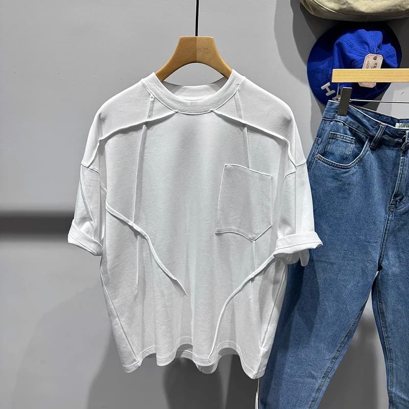 Bright Line Decoration Pocket Men Short Sleeve O Neck T Shirt Summer 3d Tailoring Korean Fashion All-match 2xl Oversized Clothes