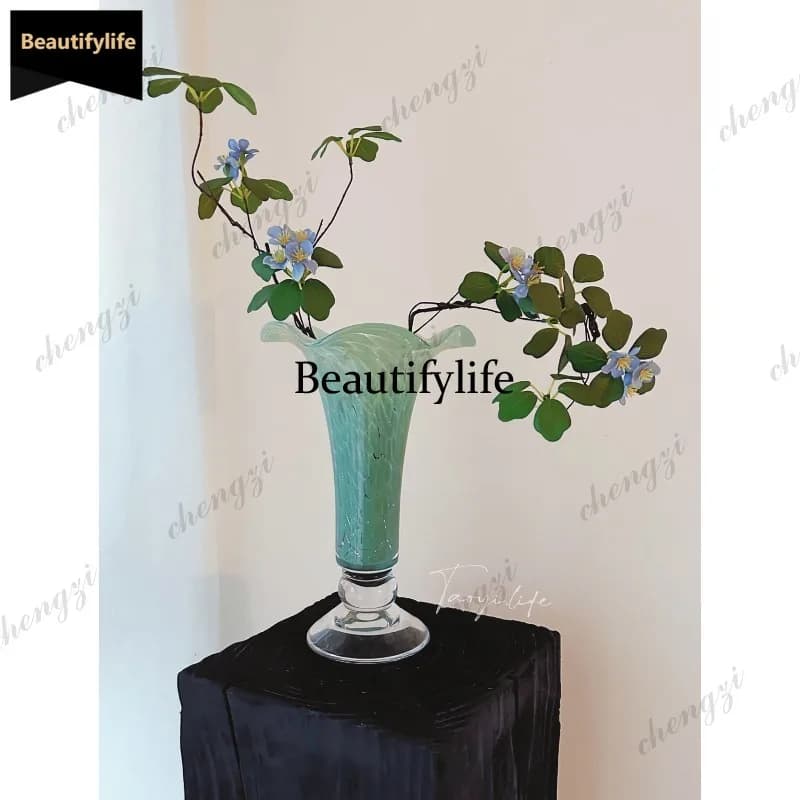D80 medieval French glass vase green ice crack home decoration green plant flower arrangement device