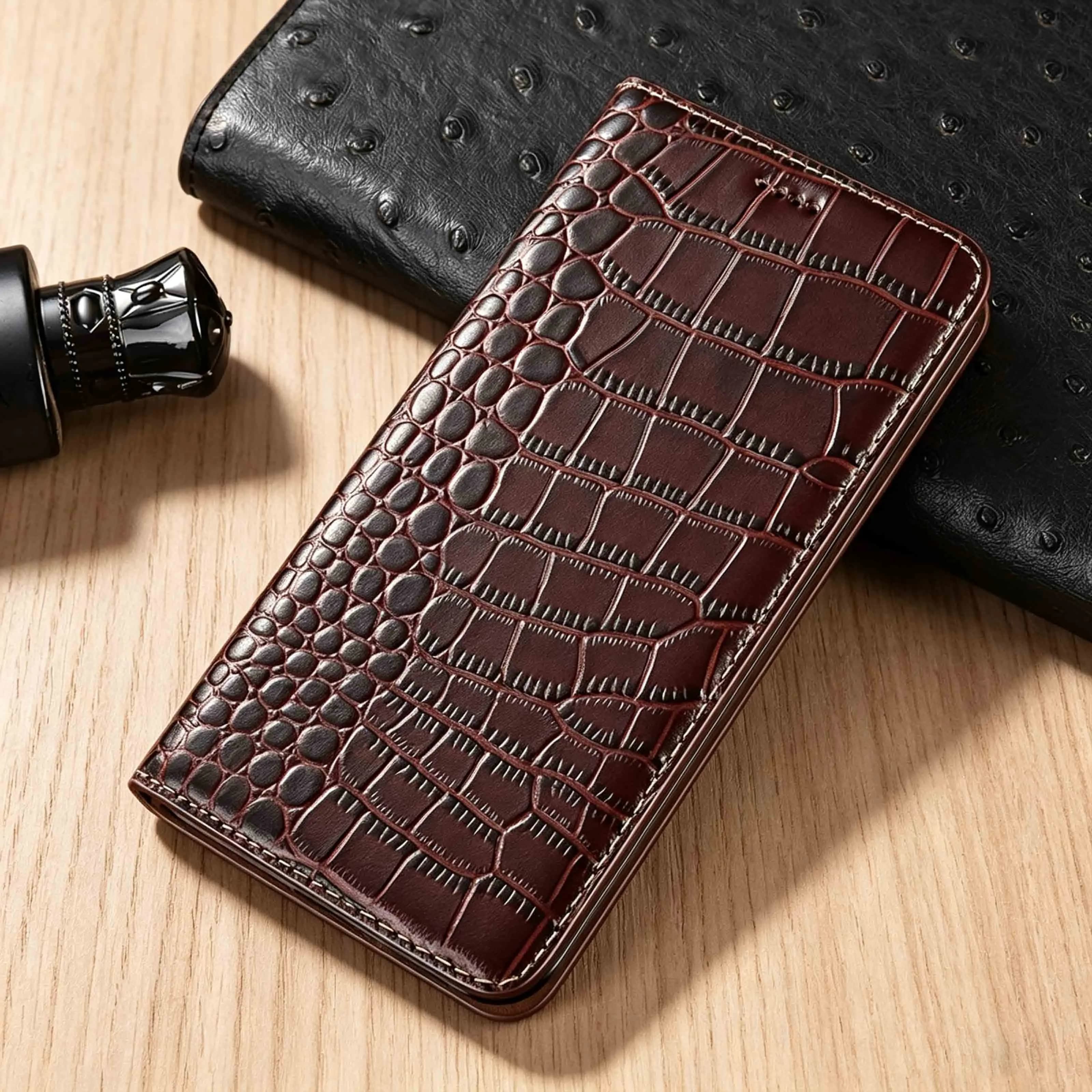 For Huawei Nova Y60 Y61 Y63 Y70 Y71 Y72 Y72S Y73 Y74 Y90 Y91 Plus Crocodile Pattern Of Genuine Leather Flip Phone Case Cowhide