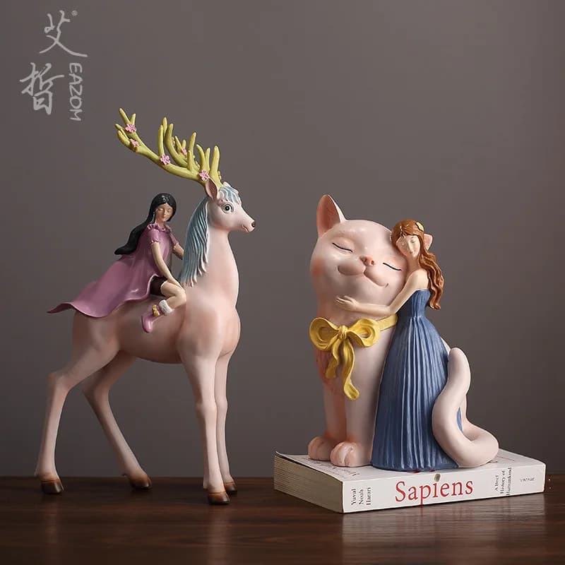 HT  style grids creative riding deer small ornaments girl gift living room bedroom resin decorations