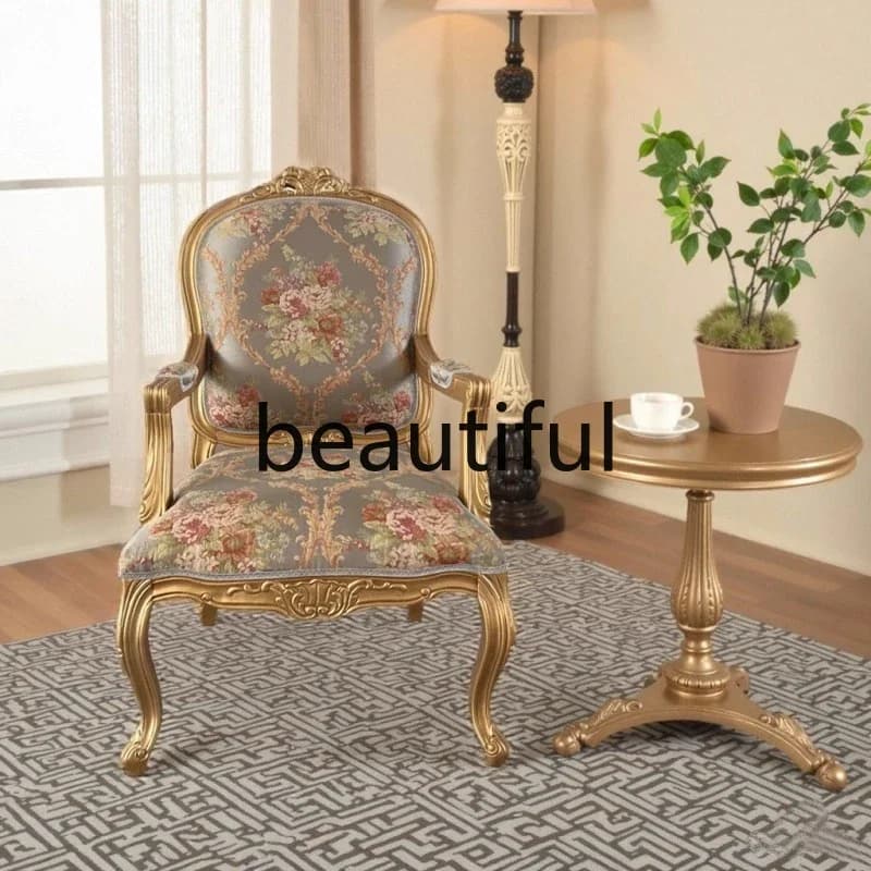 X  Solid wood fabric, dining book chair, old villa carved leisure armrest, dressing chair
