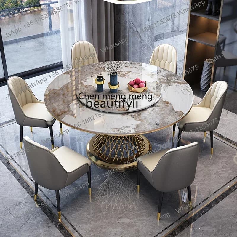 178Light luxury marble dining table and chair combination household rock slab round table with turntable round dining table2936