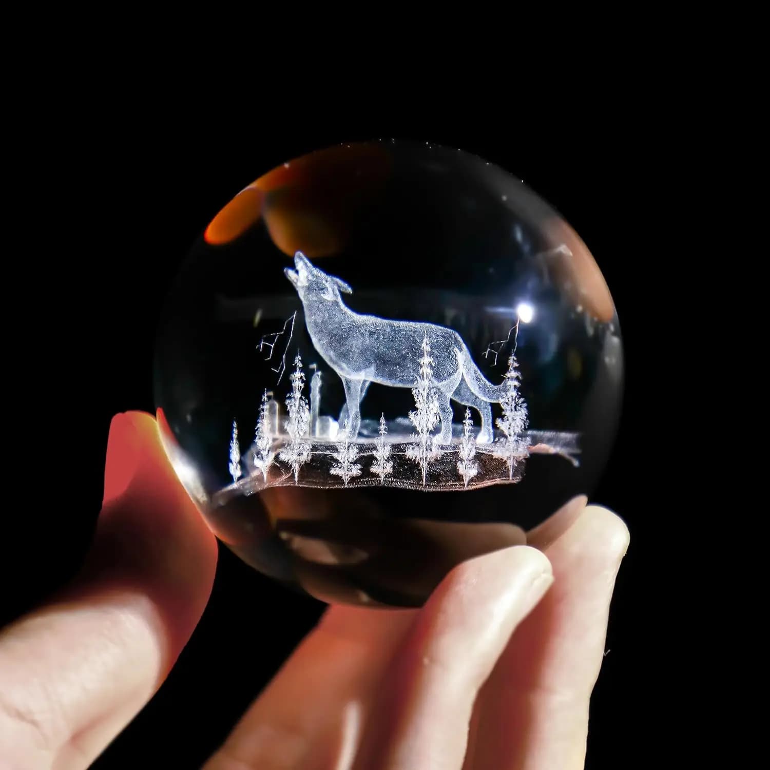 60mm Wolf Crystal Ball with Metal Bracket 3D Laser Engraving Animal Statue Paperweight Decorative Ball Glass Sphere Gift for Men