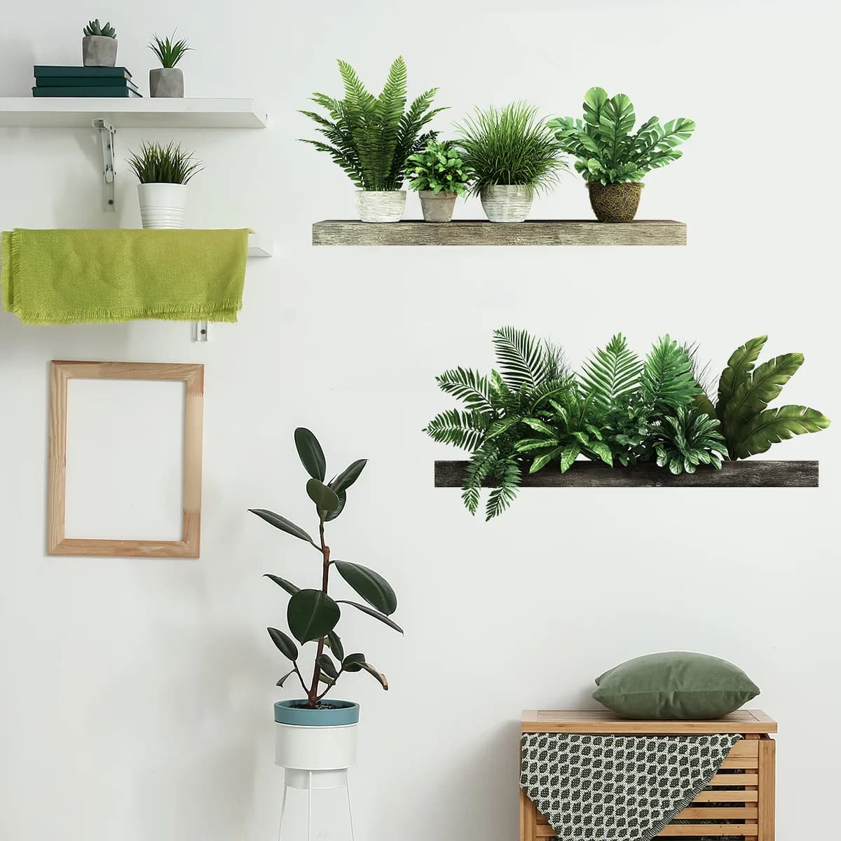 5pc Green Leaf Plant Wall Stickers Realistic Potted Plants Decor Eco-friendly Self-Adhesive  For Living Room Bedroom Wall Decor