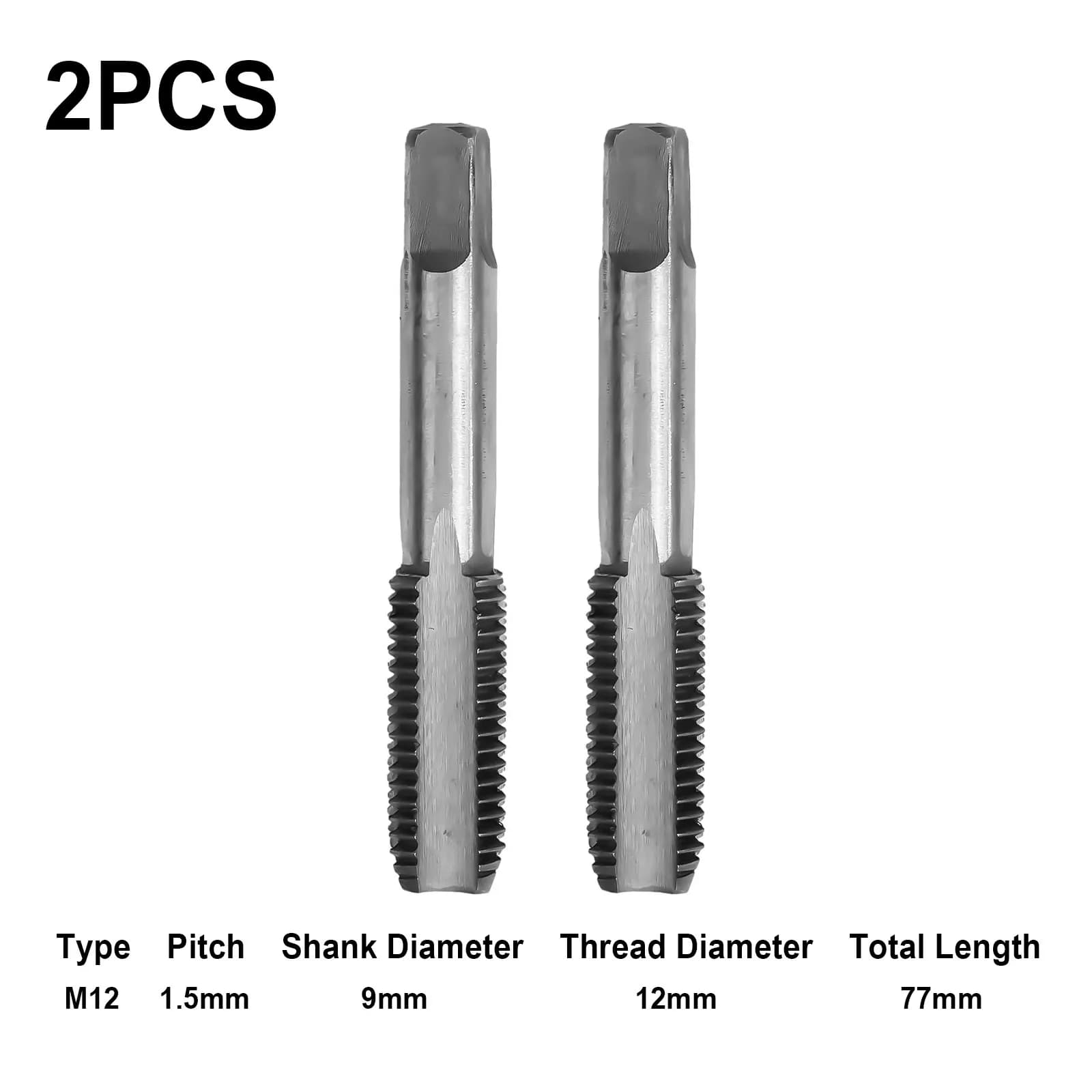 HSS 12mm x 1.5 Metric Taper Tap Set, 2 Pcs Right-Hand Thread Tools, 77mm Length, High Speed Steel Material for DIY Workshop Use
