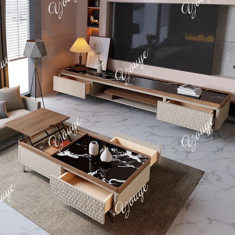 Medieval saddle leather function coffee table living room home modern simple floor high-end TV cabinet