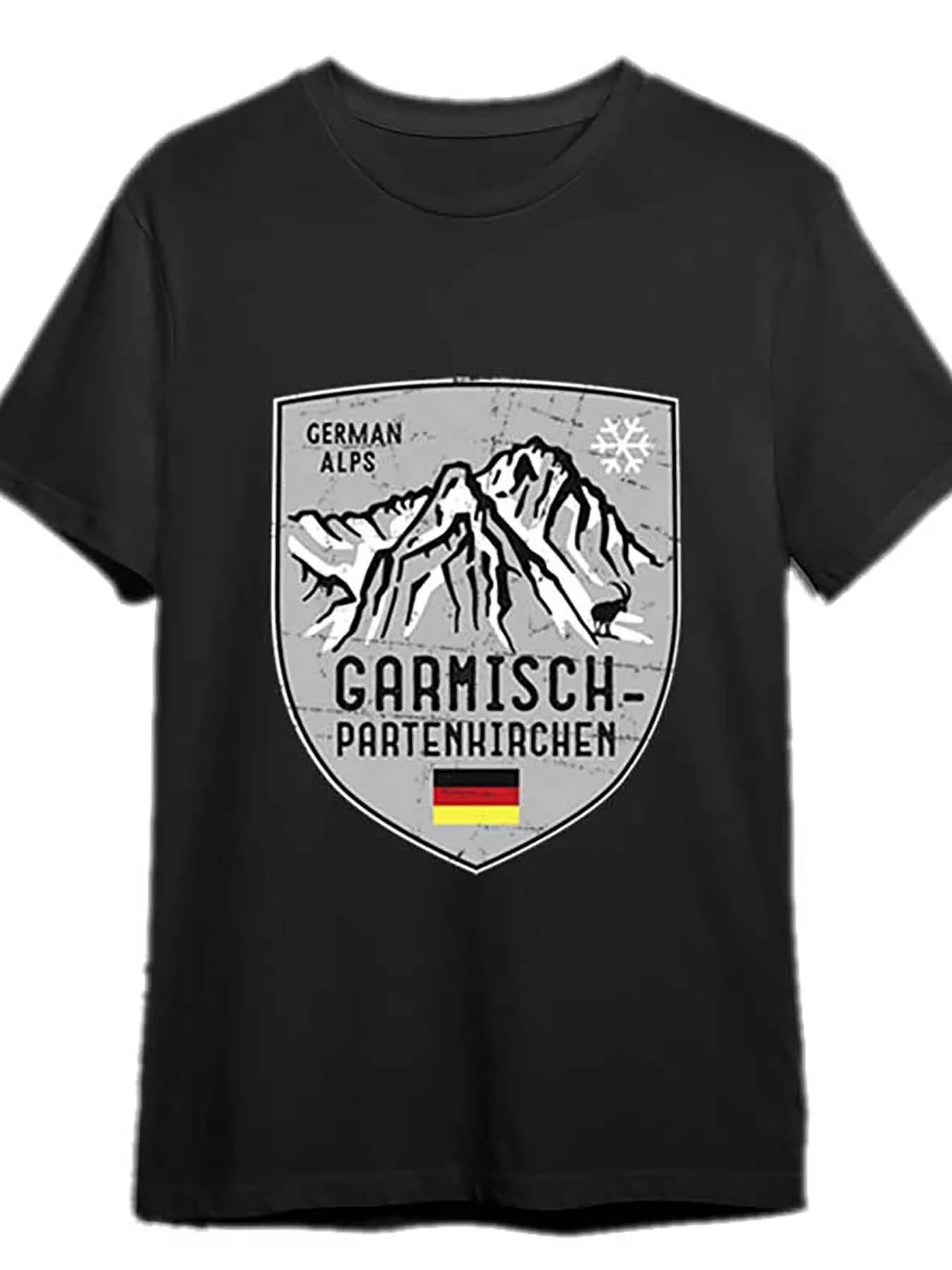 Garmisch Mountain Germany Emblem Graphic T-Shirt 100% Cotton O-Neck Short Sleeve Summer Casual Mens T-shirt Streetwear