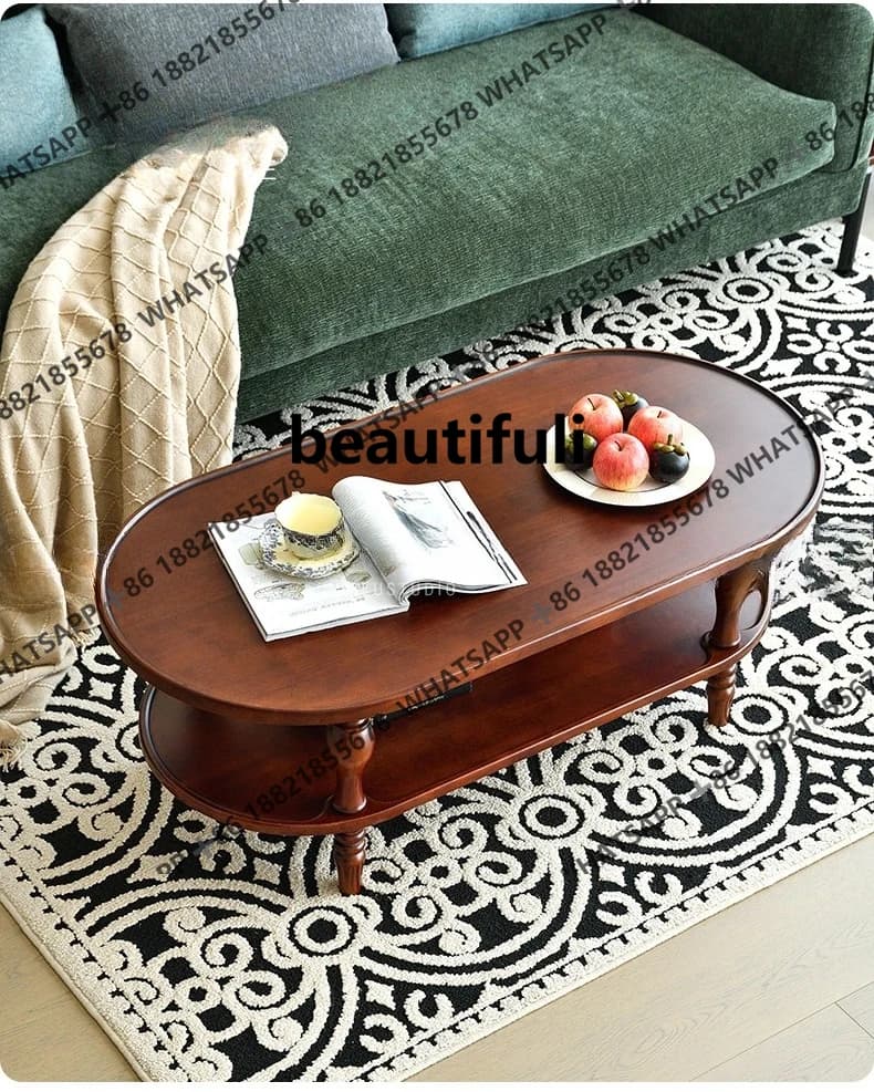 Retro solid wood coffee table, living room, home medieval American oval small tea table
