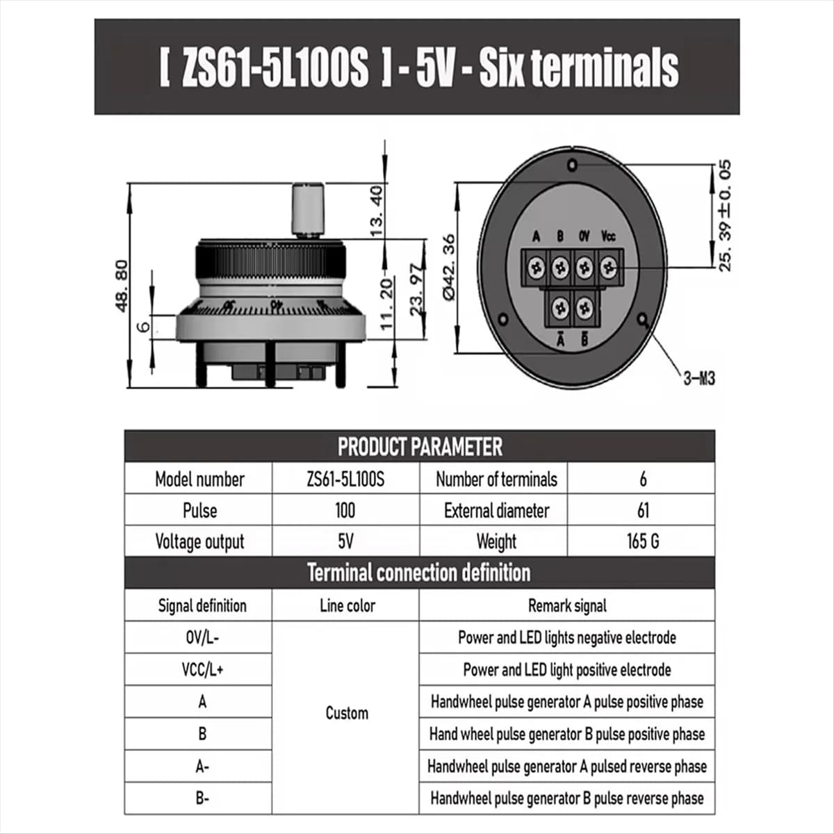 AA25 5V CNC Electronic Handwheel, 6 Terminal 100PPR Manual Pulse Generator Hand Wheel Rotary Knob Encoder with Handle 60mm