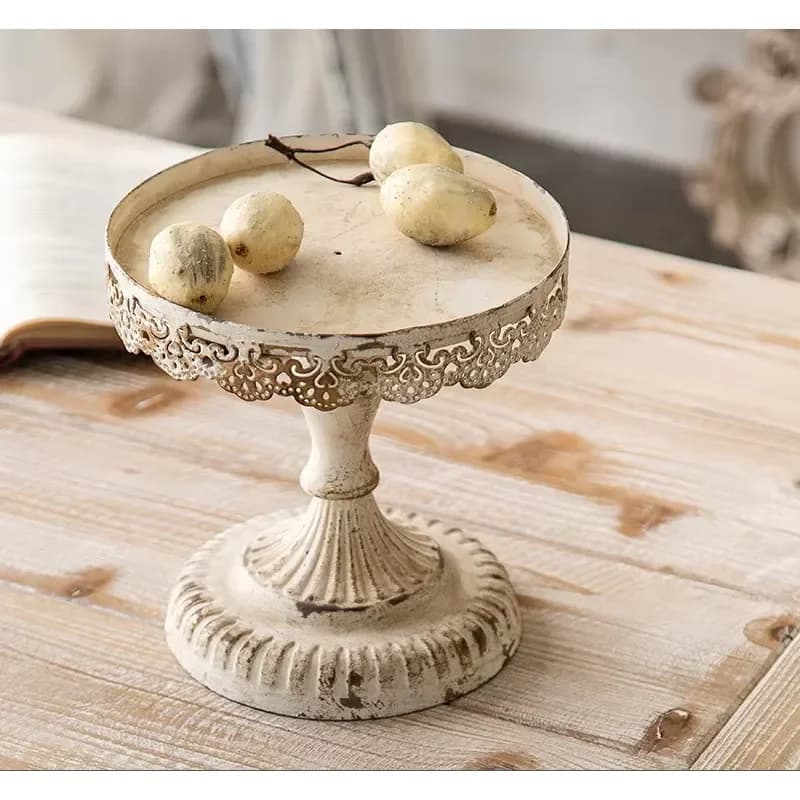 Rustic Vintage Decor Table Kitchen Tray Retro White Metal Round Decorative Dessert Cake Stand Serving Plate Tray