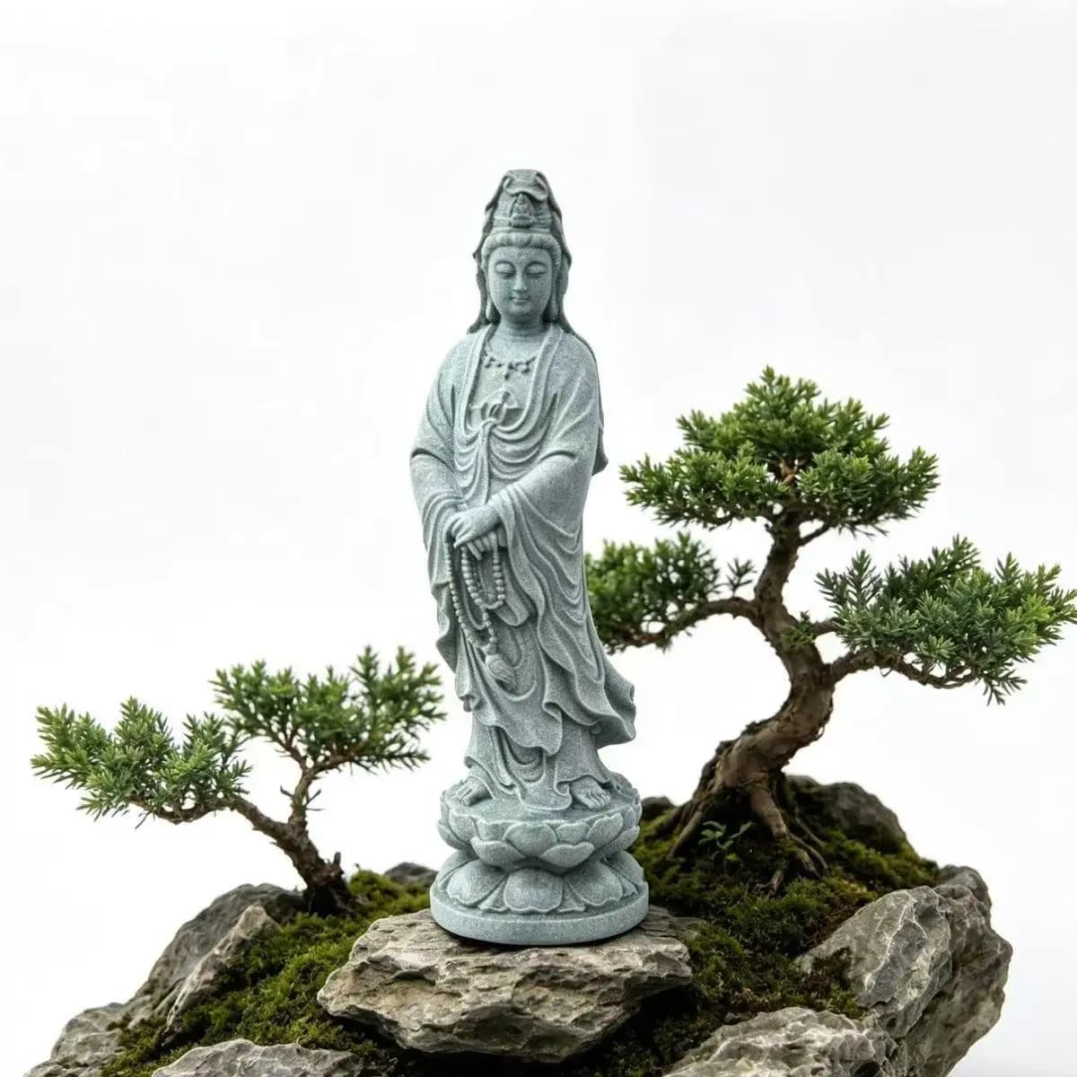 Mini Guanyin Statue 12cm, Sandstone, Zen Buddhist Decor for Home, Aquarium, Garden, Office Desk, Feng Shui Ornament