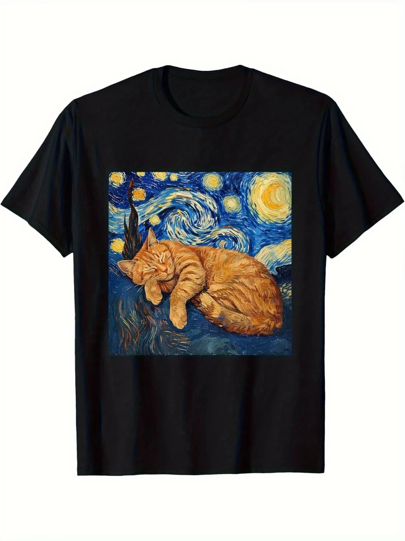 Men's Funny Van Gogh Starry Night Cat Art T Shirt Cotton Tee Women Oversize Humor Vintage Top Meme Loose Short Sleeve Streetwear