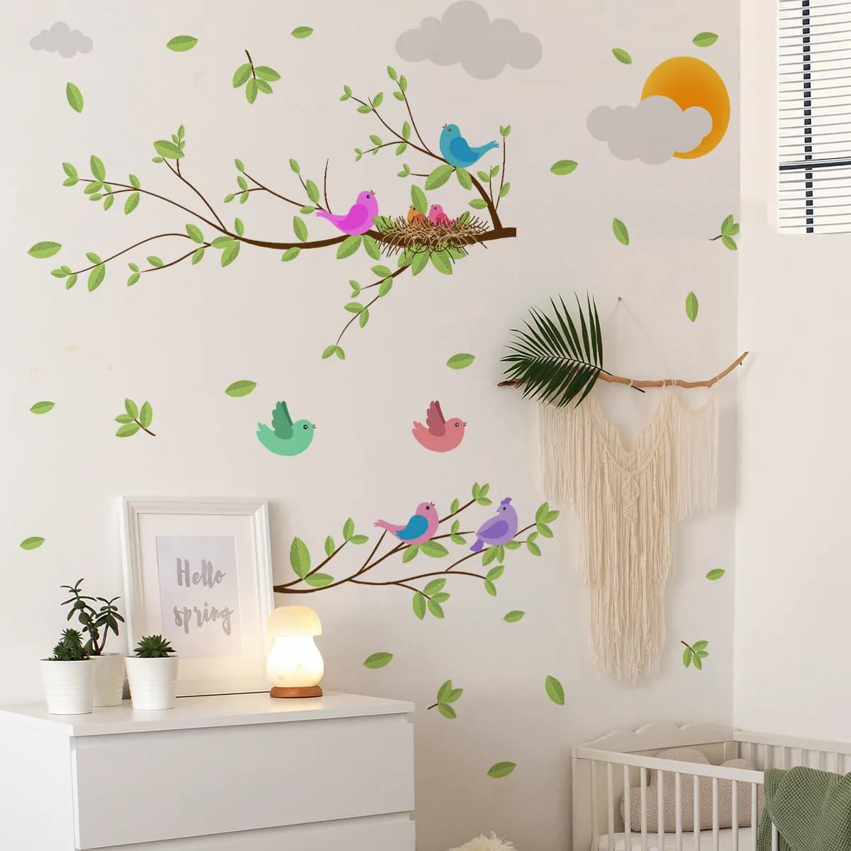 Whimsical Tree Branch Wall Decals - Self-Adhesive Cartoon Birds, Clouds & Sun for Living Room & Nursery Decor