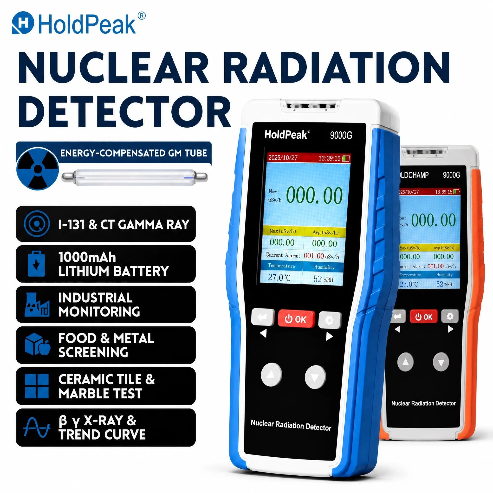 HoldPeak Geiger Counter Radiation Detector X-ray/γ-ray/β-ray 0-10000μSv/h Light/Vibration/Sound Alarm 1000mAh Battery LCD CE