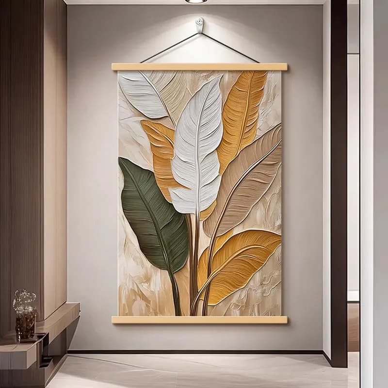 Wall Art Golden Mountain and Flowing Landscape Modern Luxe Pearlescent Canvas Hanging Scroll with Wooden Rods for Living Room