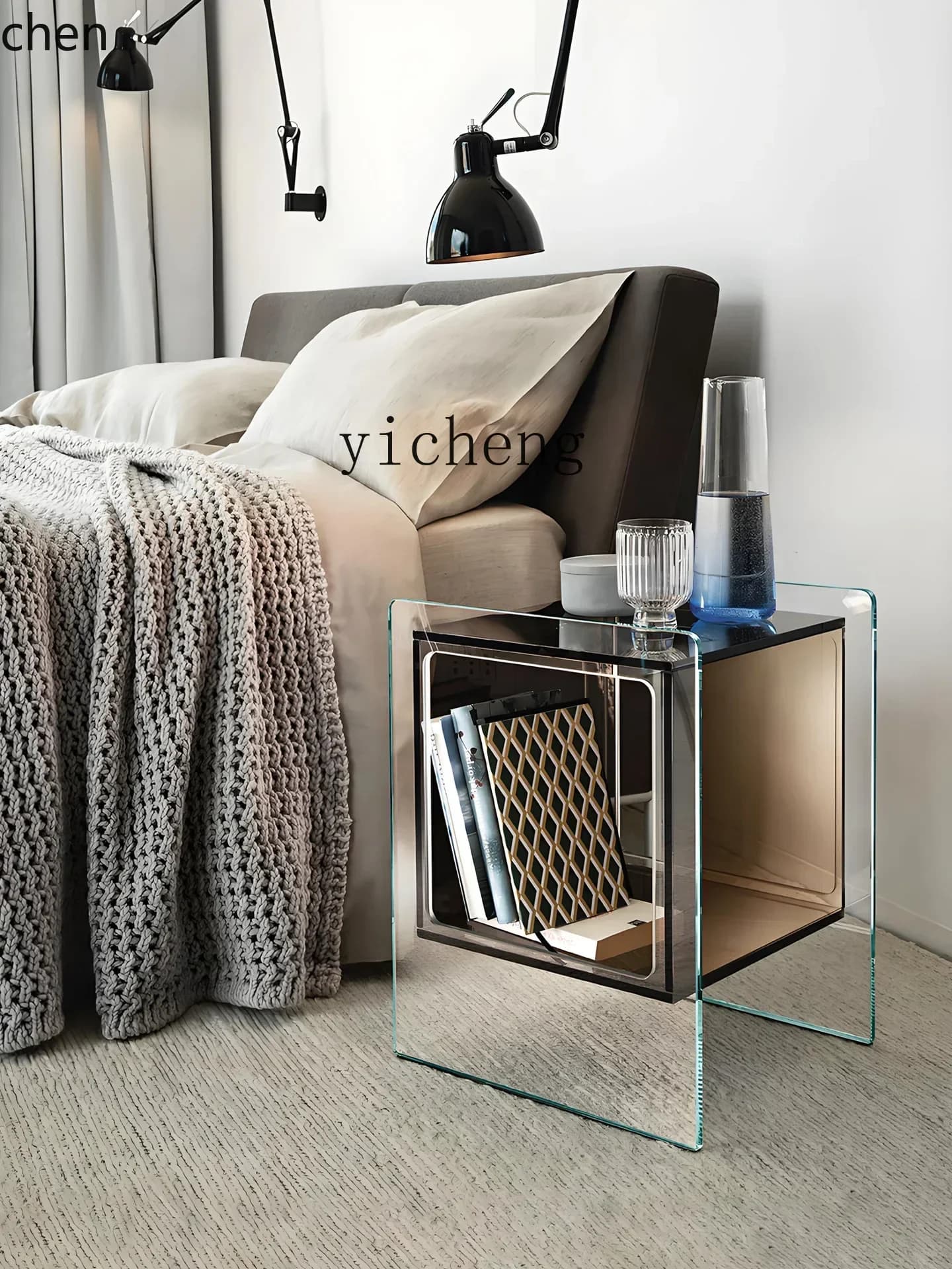 HT Minimalist Glass Sofa Side Table Side Cabinet Living Room Storage Cabinet Movable Small Coffee Table Bedroom Bedside Table