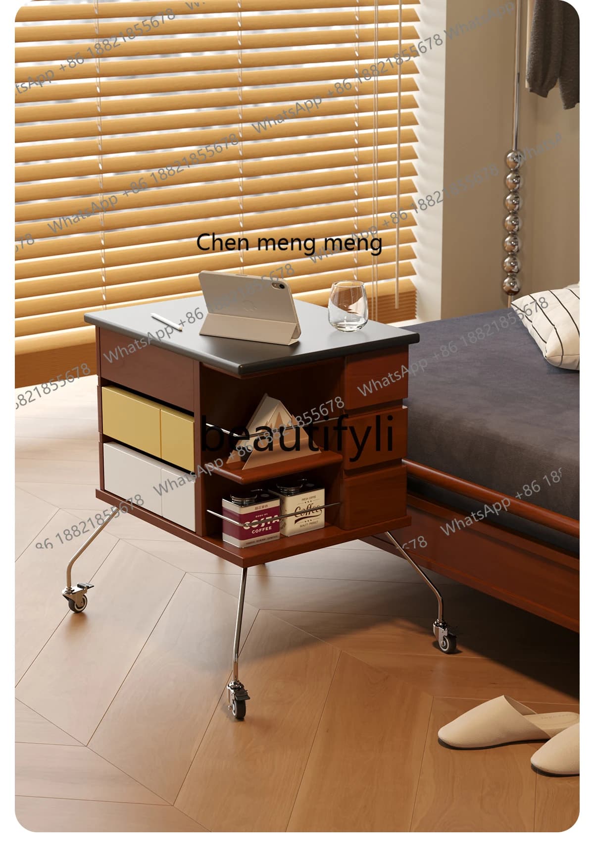 X Mobile Side Table Trolley Vintage Solid Wood Sofa Lift Coffee Table for Home Living Room Bedroom Bedside Table