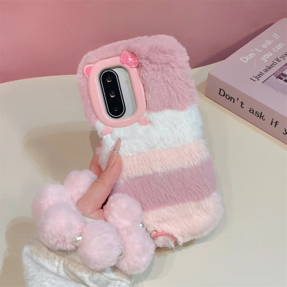 Sweet Pastel Color Block Plush Phone Case for S26 Ultra Fluffy Pom Pom Wrist Strap Protective Cover for Samsung Galaxy S25 A57