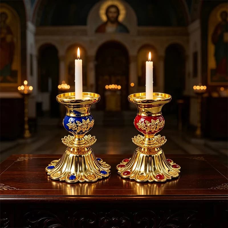 Luxury Byzantine Orthodox Three Taper Candle Holder Gold Plated Blue Red Crystal Floral Enamel Vase Church Altar Religious Gift