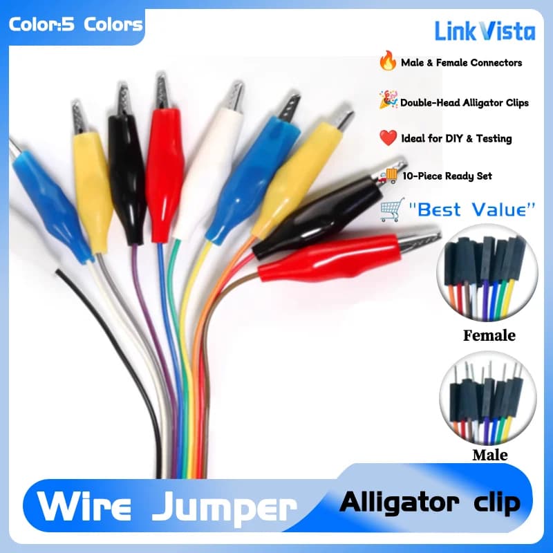 10-Pack Alligator Clip Jumper Wires, 20cm and 30cm Test Leads with Male to Female Clips for Arduino Raspberry Pi DIY Projects