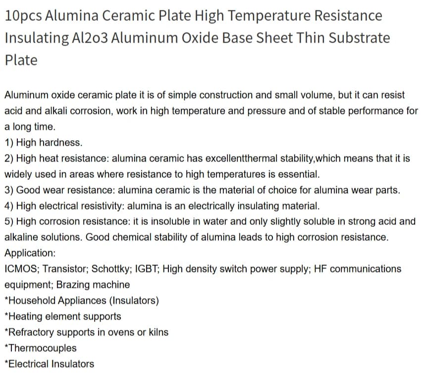 10Pcs Alumina Ceramic Plate Al2O3 Base Sheet, High Temp Insulating Thin Ceramic Substrate Industrial Replacement Parts