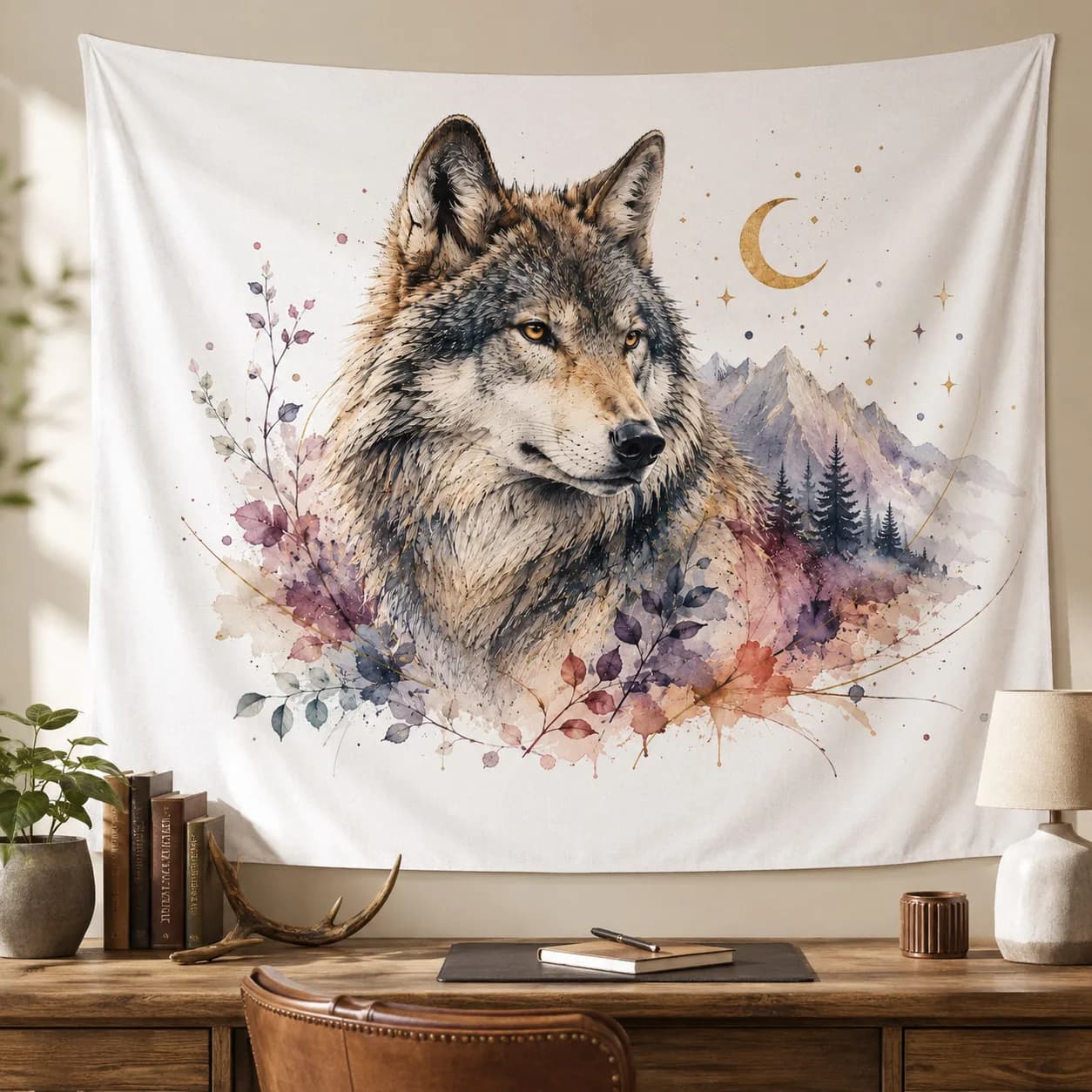 Watercolor Wolf Tapestry Crescent Moon Mountain Floral Wall Hanging Boho Animal Wall Decor for Bedroom Living Room Dorm Home